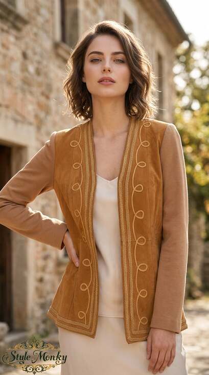 Unknown Jackets & Blazers - Vintage 70s Suede Leather Blazer with Soutache Embroidery & Contrast Sleeves